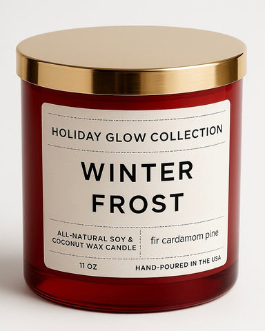 Winter Frost Candle – Fir & Cardamom, Red Jar – Snowy Forest Scent - Ocean Monroe