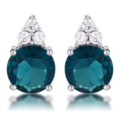 Simple Rhodium Plated 9mm Blue Green CZ Stud Earring