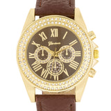 Brown Leather Watch With Crystals