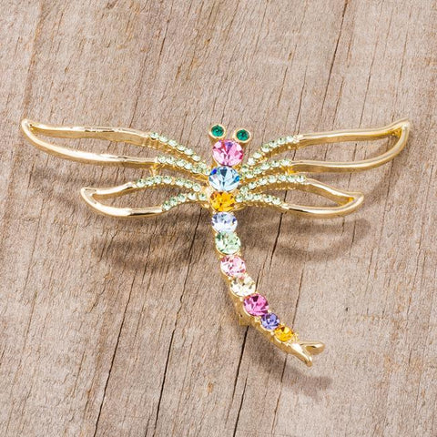 Gold Tone Multicolor Dragonfly Brooch With Crystals