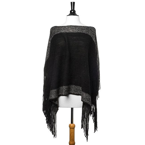 Black Lightweight Knit Fringe Poncho