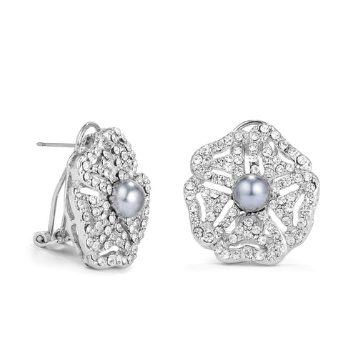 Antique Rhodium Plated CZ and Simulated Grey Pearl Bridal Earrings
