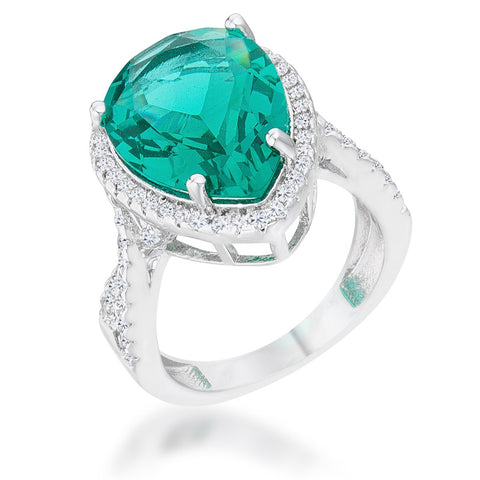 Laura 9.9ct Blue Green CZ Rhodium Classic Teardrop Ring - Ocean Monroe