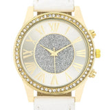 Shira Crystal Leather Watch With White Leather Strap